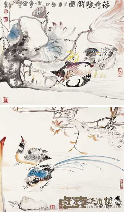 高德星 乙酉（2005年）作 花鸟 镜心（二开） 38×45cm×2
